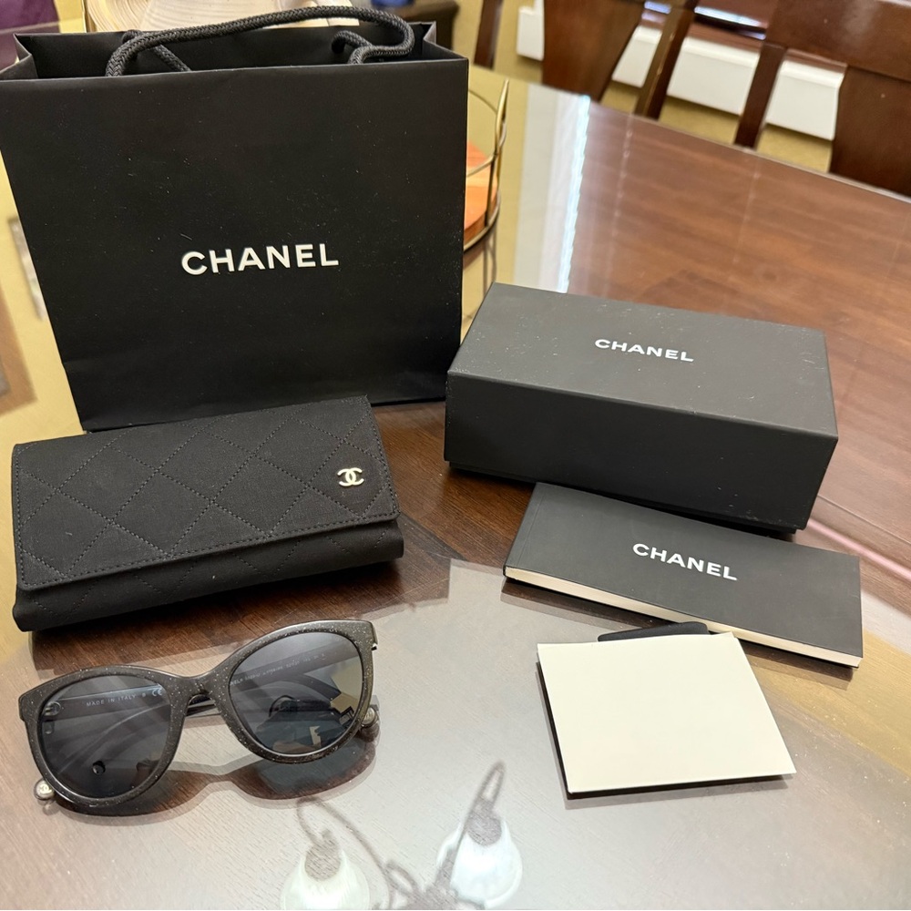 CHANEL Elegant Black Quilted Wallet and Sunglasses